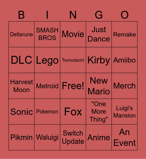 NINTENDO DIRECT Bingo Card
