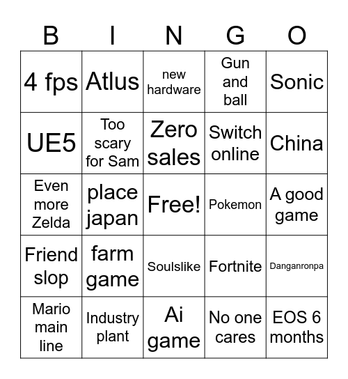 Nintendo direct Bingo Card