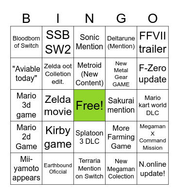 Nintendo Direct BINGO! Bingo Card