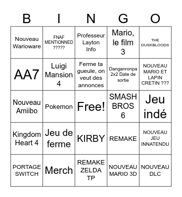 Nintendo Direct Bingo Card