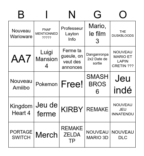 Nintendo Direct Bingo Card
