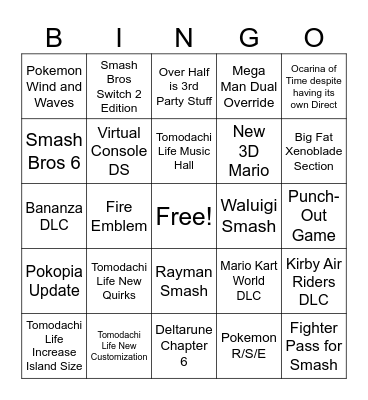 Nintendo Direct September 2026 Bingo Card