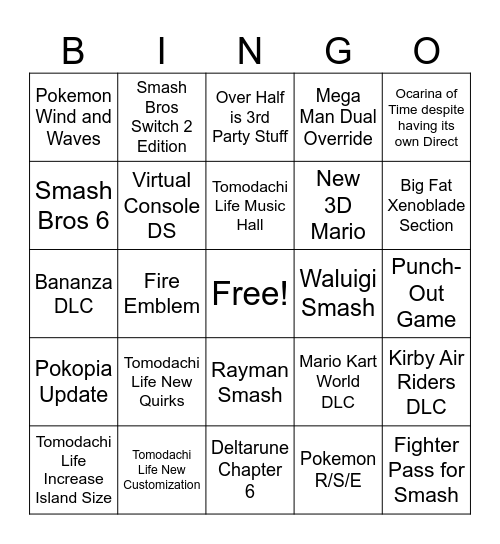 Nintendo Direct September 2026 Bingo Card