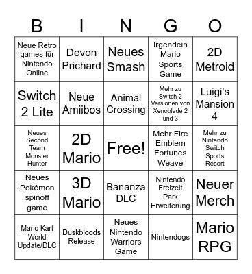Nintendo Direct Bingo Card