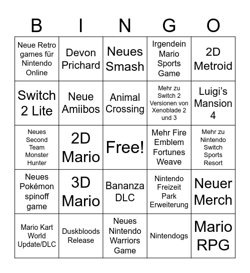 Nintendo Direct Bingo Card