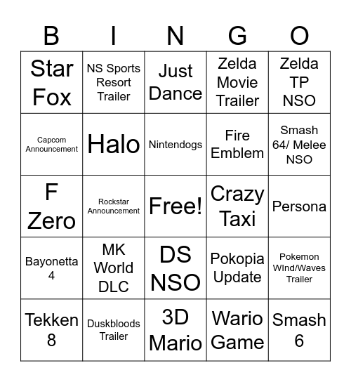 9/9 Nintendo Direct Bingo Card