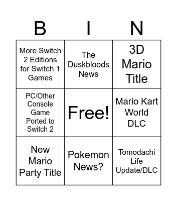 Nintendo Direct - 9/9 Bingo Card
