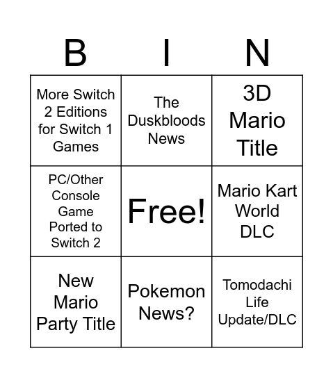 Nintendo Direct - 9/9 Bingo Card