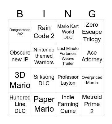Nintendo Direct Bingo Card