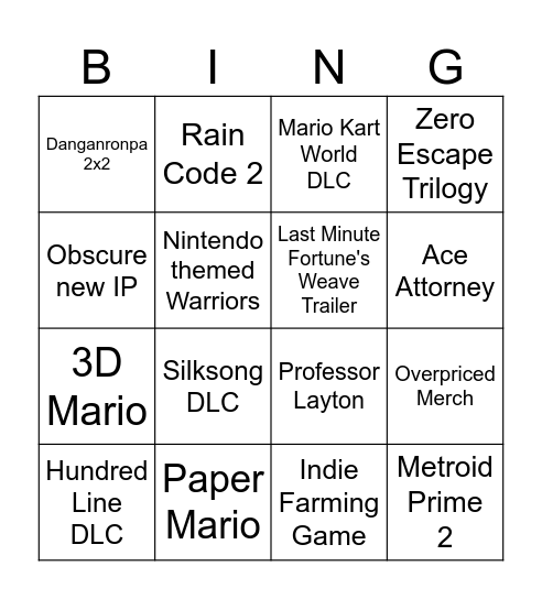 Nintendo Direct Bingo Card