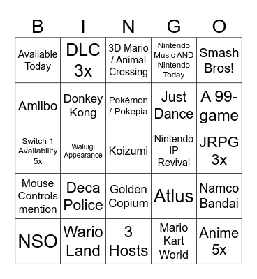 Nintendo Direct Bingo Card