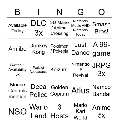 Nintendo Direct Bingo Card