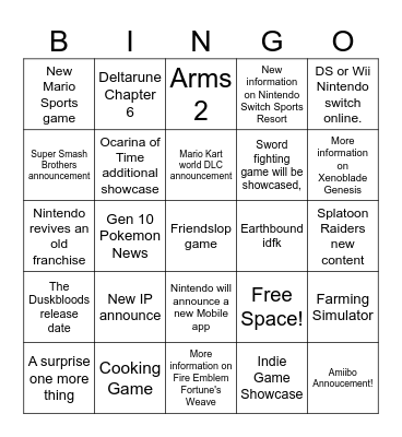 Nintendo Direct September 9th 2026 Bingo Card