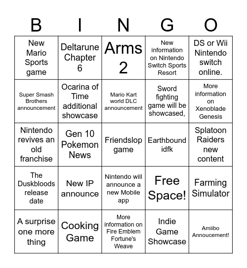 Nintendo Direct September 9th 2026 Bingo Card