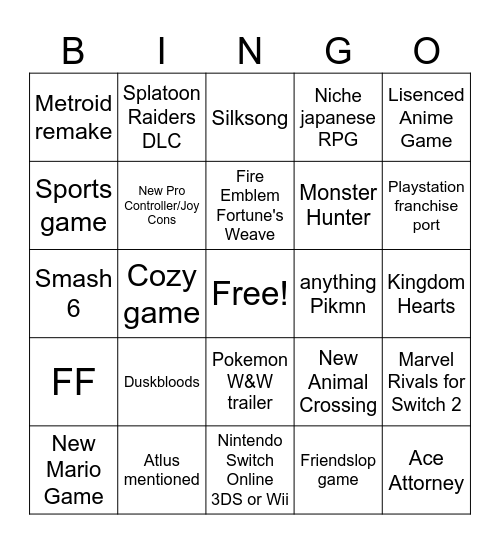 Nintendo Direct 9.9 Bingo Card