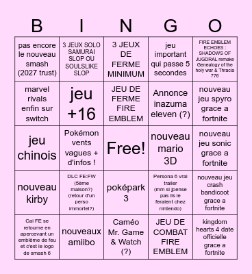 NINTENDO DIRECT 09/09/2026 Bingo Card