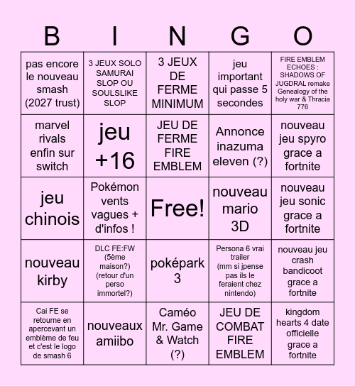 NINTENDO DIRECT 09/09/2026 Bingo Card