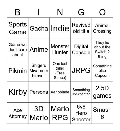 Switch 2 Direct Sep 2026 Bingo Card