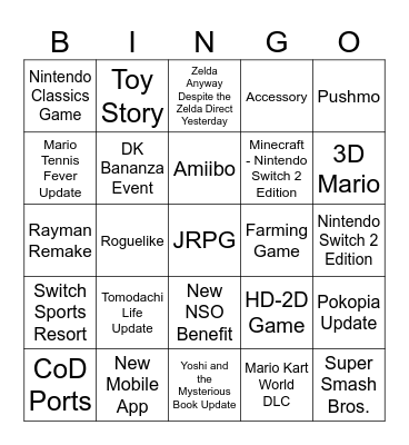 Nintendo Direct 9.9.26 Bingo Card