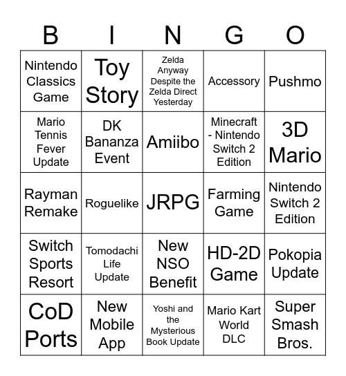 Nintendo Direct 9.9.26 Bingo Card