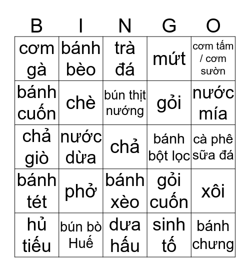 Món ăn Việt Nam (chữ) Bingo Card