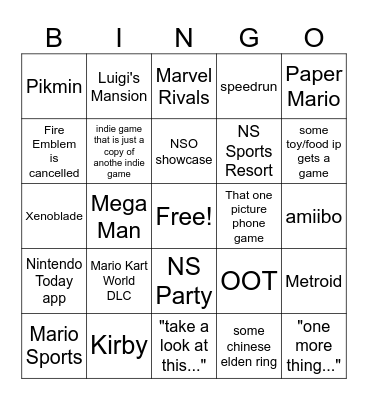 Nintendo Direct Bingo Card