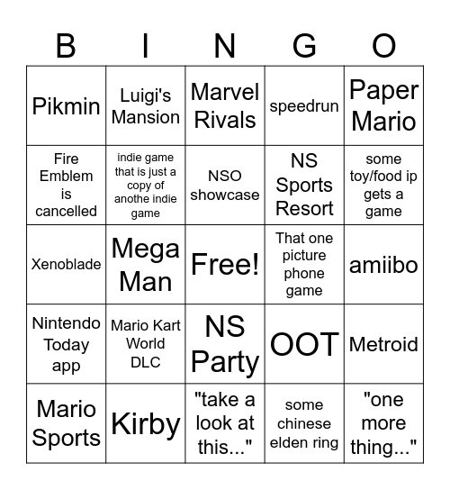 Nintendo Direct Bingo Card