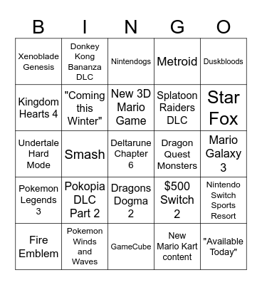 Nintendo Direct - September 2026 Bingo Card