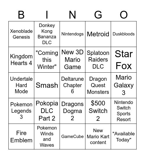 Nintendo Direct - September 2026 Bingo Card