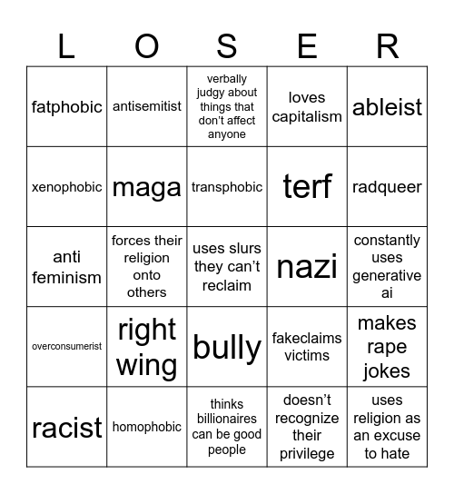 True Loser Bingo Card