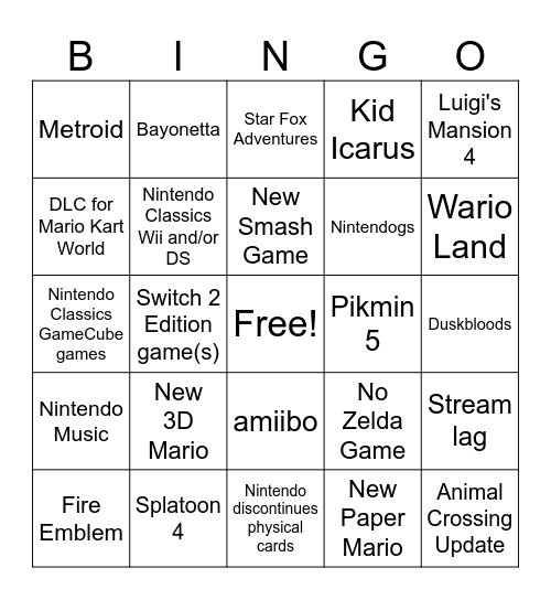 Nintendo Direct September 2026 Bingo Card