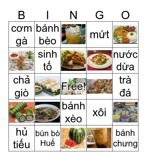Món ăn Việt Nam (hình và chữ) Bingo Card