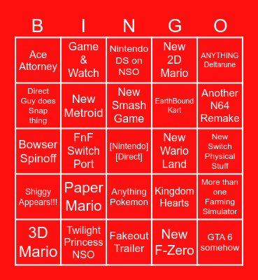 Nintendo Direct Bingo Card