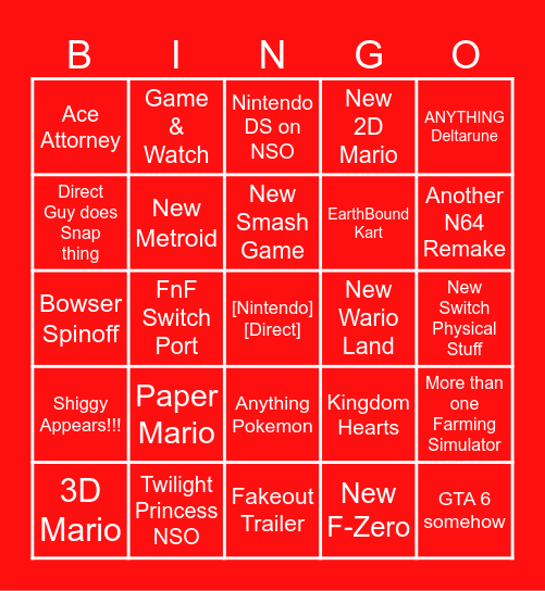 Nintendo Direct Bingo Card