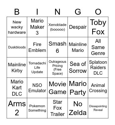 Nintendo Direct Bingo Card