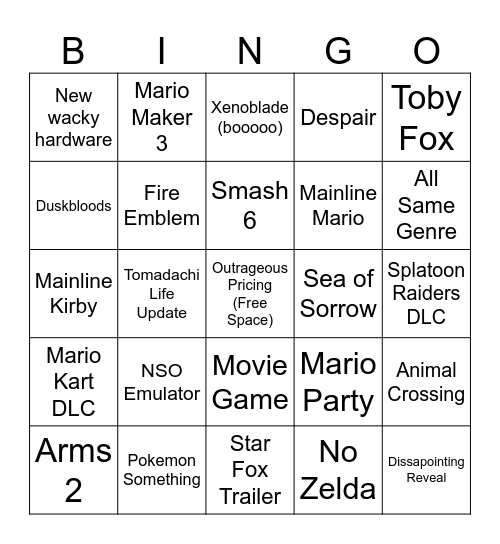 Nintendo Direct Bingo Card