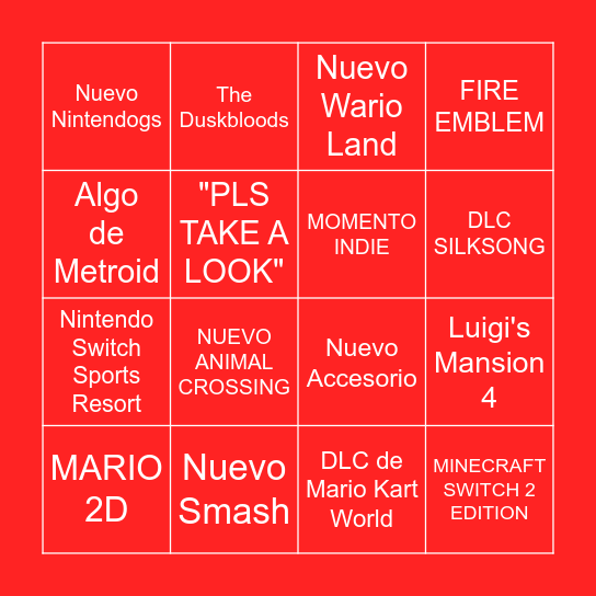 Nintendo Direct Bingo Card