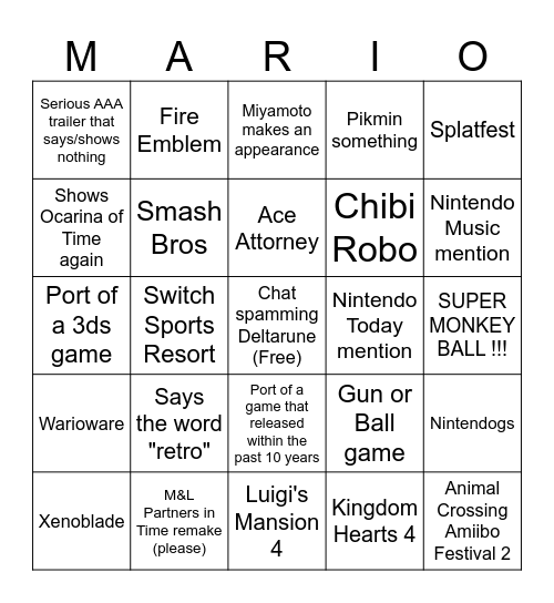 Nintendo Direct 9.9.26 Bingo Card