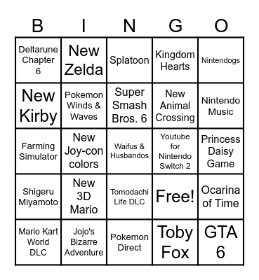 Nintendo Direct 9.9 Bingo Card
