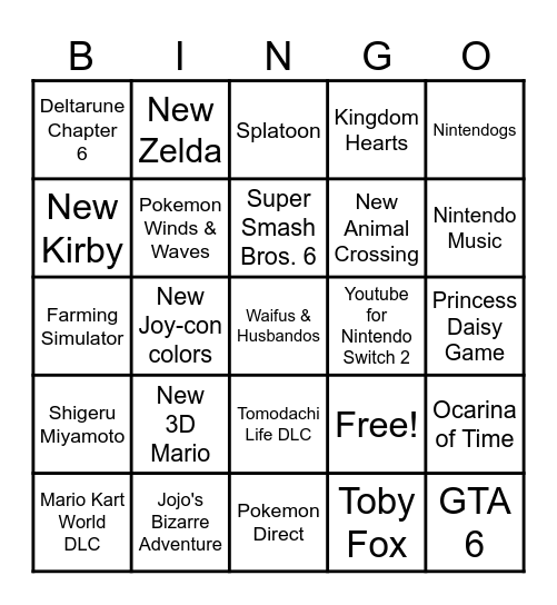 Nintendo Direct 9.9 Bingo Card