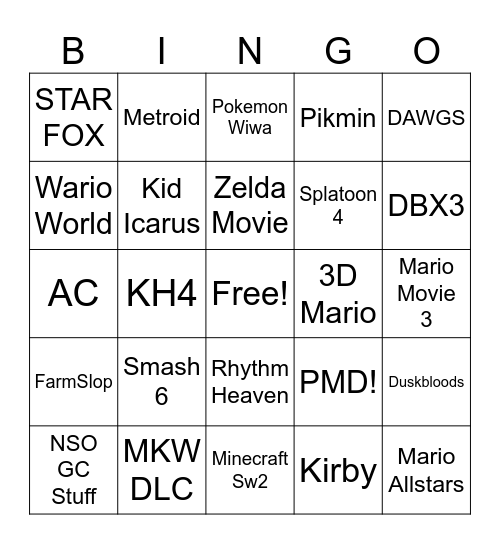 Nintendo Direct September 2026 Bingo Card