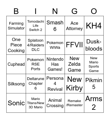 Nintendo Direct Predictions Bingo Card