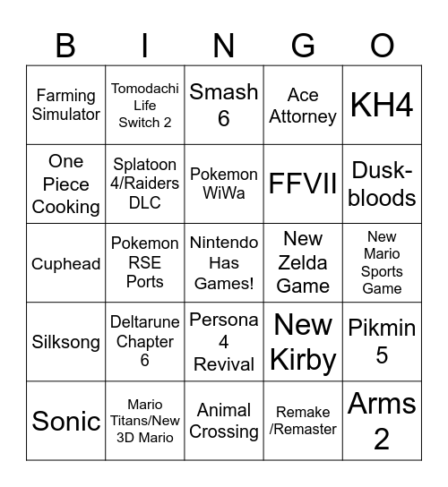 Nintendo Direct Predictions Bingo Card