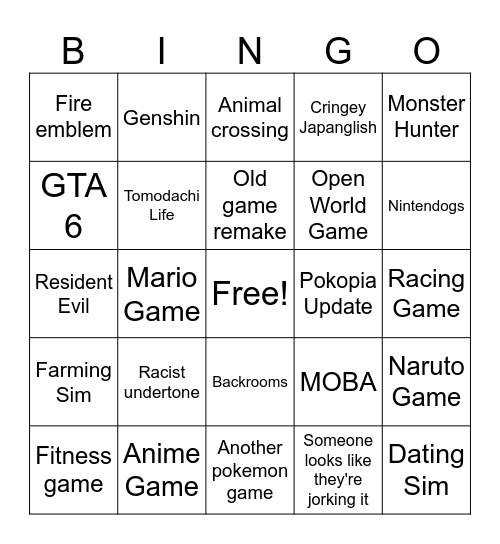 Nintendo Direct Sept 26 Bingo Card