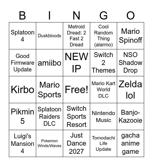 Nintendo Direct Bingo! Bingo Card