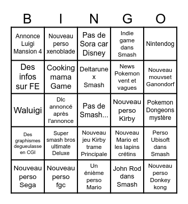 Nintendo direct Bingo Card