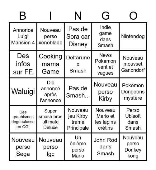 Nintendo direct Bingo Card