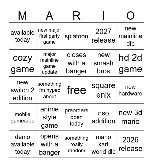 NINTENDO DIRECT Bingo Card