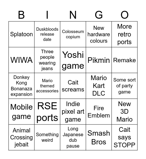 Nintendo Direct Bingo Card