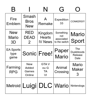 Nintendo Direct 9-9-2026 Predictions Bingo Card
